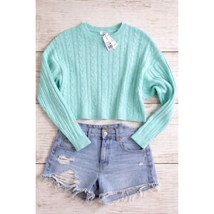 Crown and Ivy Mint Cable Knit Sweater Womens Small Cropped Crew Neck NWT